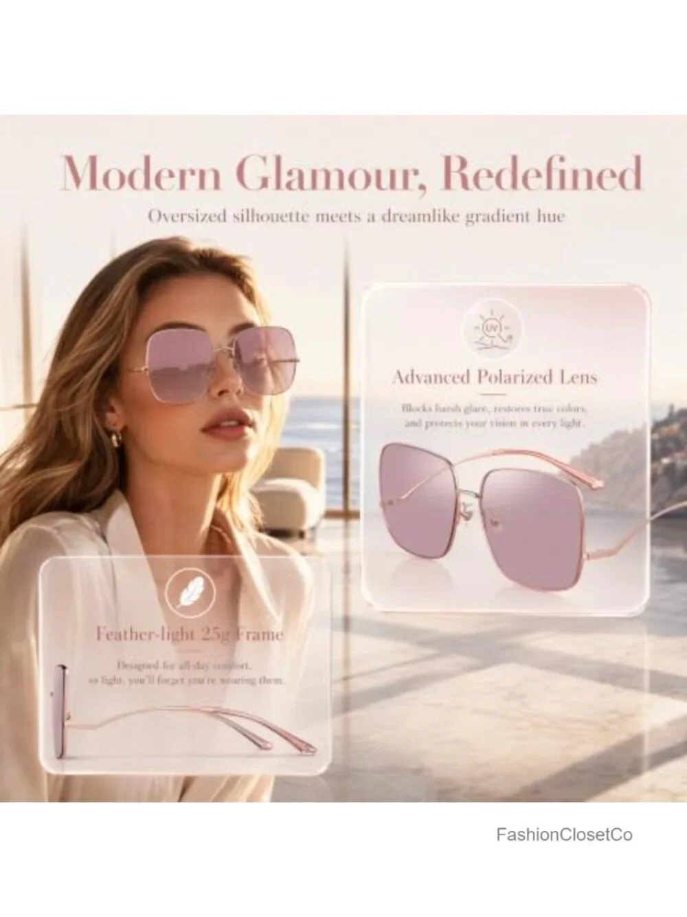 Oversized Square Polarized Sunglasses Women UV400 Protection Lightweight Metal